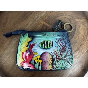 Anuschka Hand Painted Leather Coin Key Purse Top Zipper Ocean Treasure